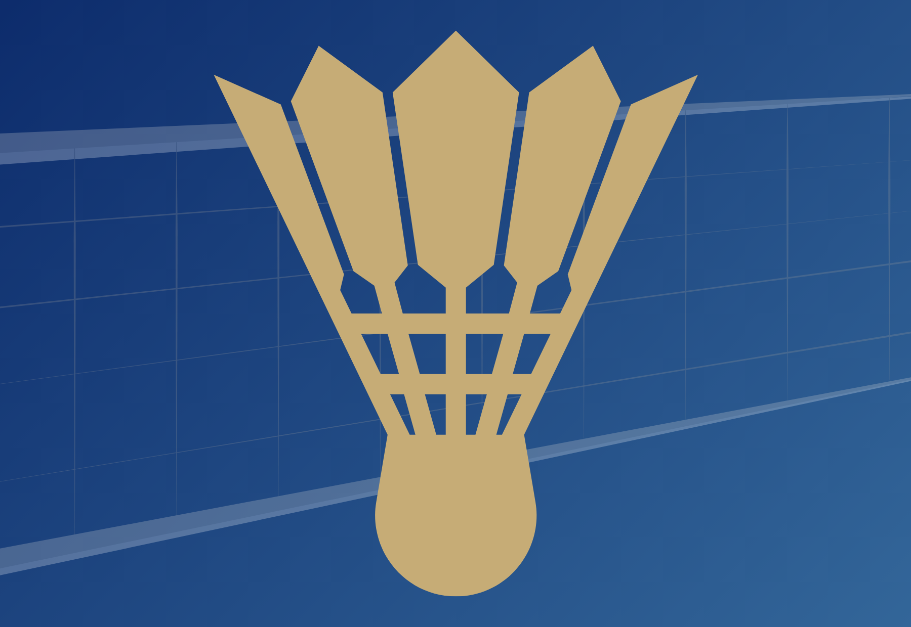 Gold shuttlecock over a blue background featuring a white badminton net