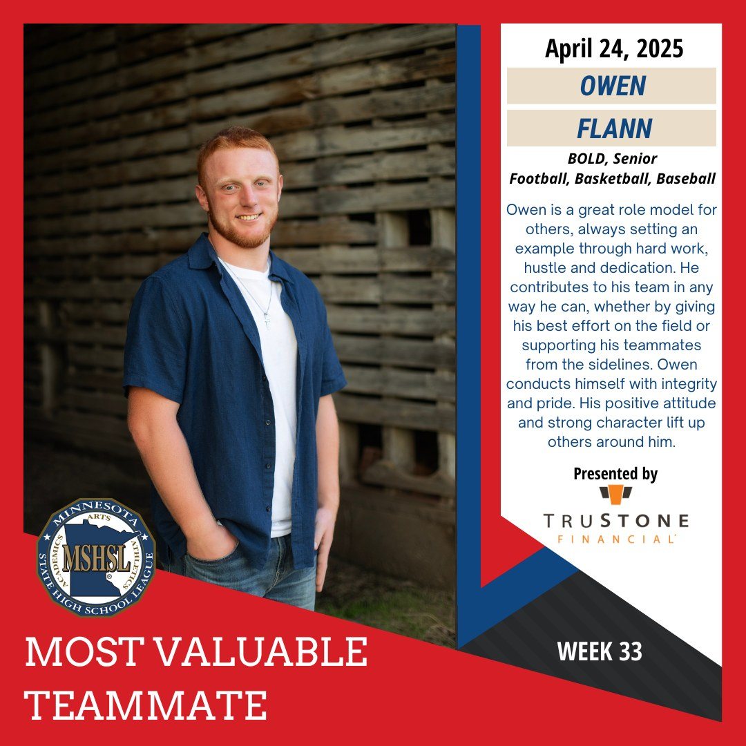 Congratulations to this week's Most Valuable Teammate, Owen Flann of BOLD! 

Most Valuable Teammate is sponsored by @trustonefcu.