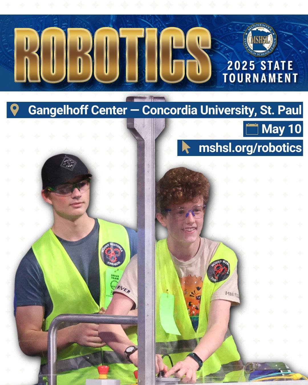 The Robotics State Tournament is today in St. Paul!

📺 Complimentary streaming: nspn.tv/mshsl 

📖 Program: mshsl.org/programs

🤖 More info: mshsl.org/robotics