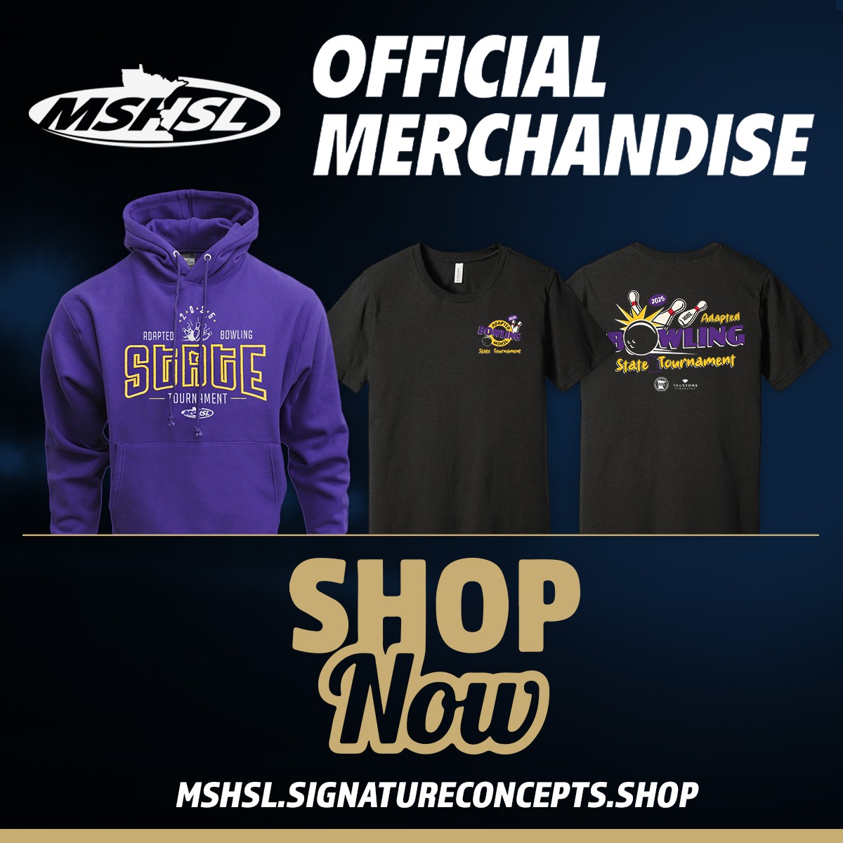Adapted Bowling State Tournament apparel available on site and online!

🔗 Link in bio to shop