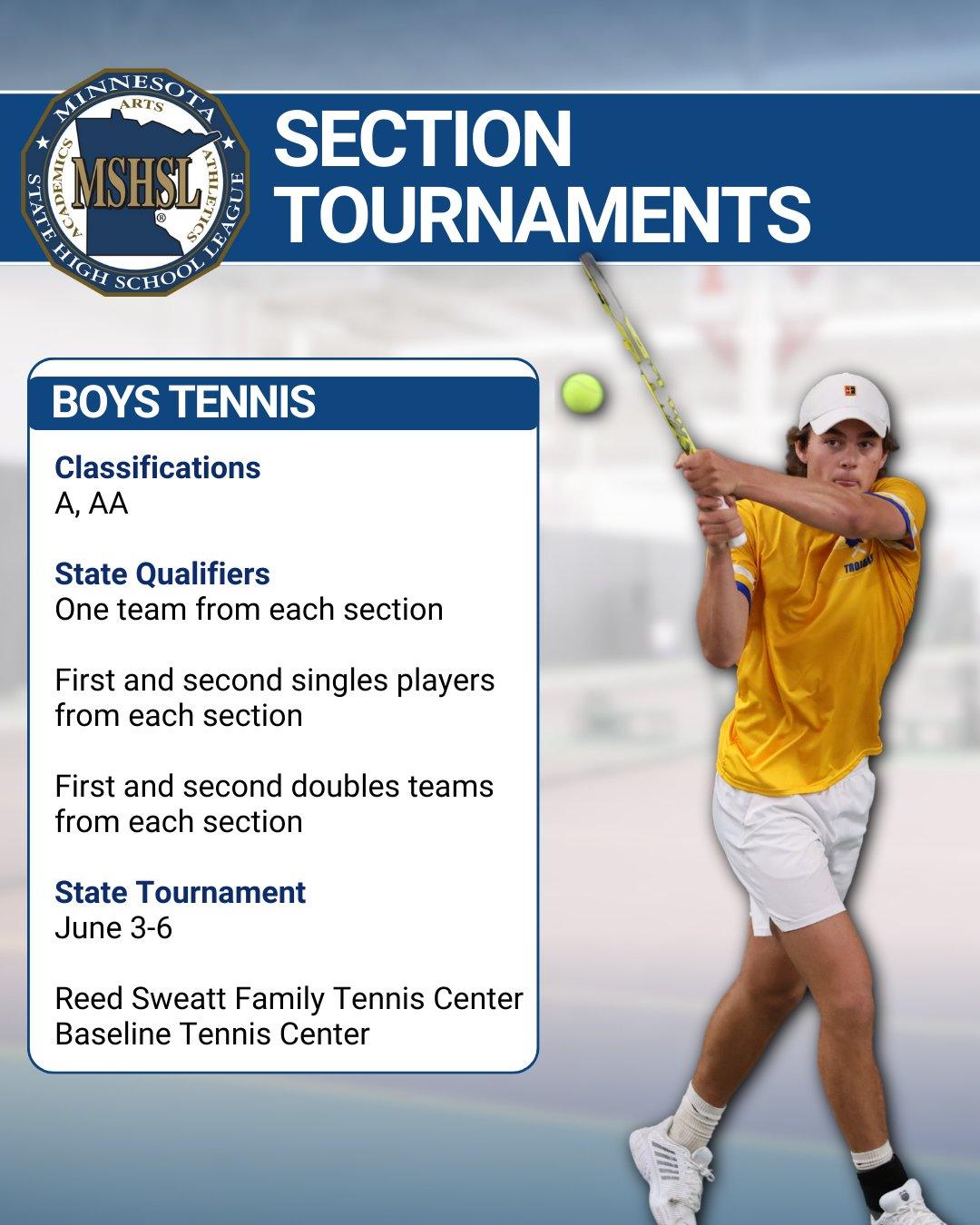 Get ready for Boys Tennis Section Tournaments!

More info: mshsl.org/boystennis