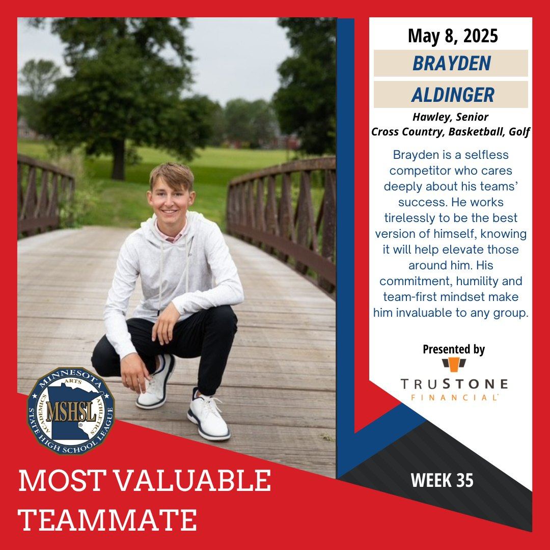 Congratulations to this week's Most Valuable Teammate, Brayden Aldinger of Hawley! 

Most Valuable Teammate is sponsored by @trustonefcu