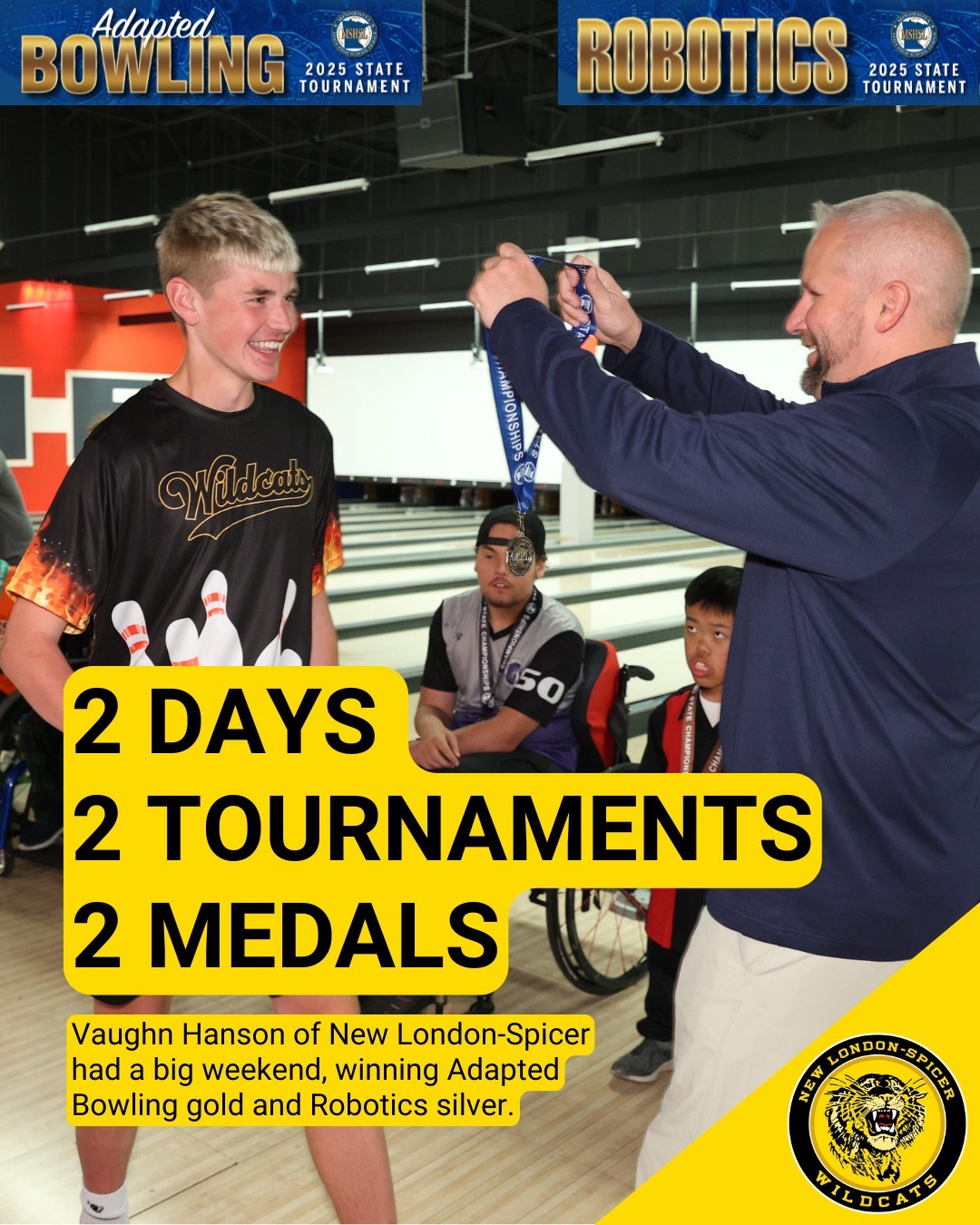 What a weekend!

Vaughn Hanson won a gold medal in his first year as a member of the New London-Spicer Adapted Bowling team. He has been on the Robotics team — part of the second-place alliance at the state tournament last weekend — for three years, and as if that doesn’t keep him busy enough, he’s also a member of the Wildcats tennis team this spring.

🔗 Link in bio for the full story from John's Journal