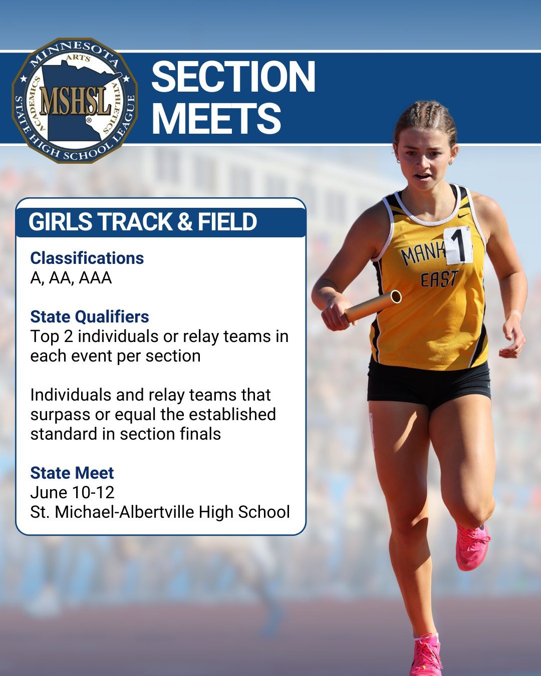 Track & Field Section Meets start soon!

Girls Track & Field info: mshsl.org/girlstrackandfield

Boys Track & Field info: mshsl.org/boystrackandfield