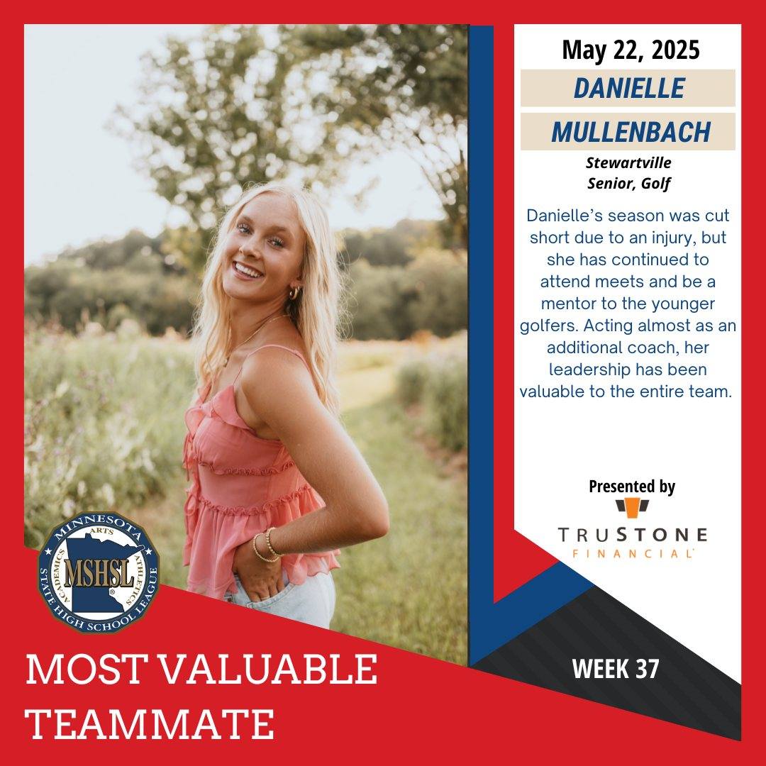 Congratulations to this week's Most Valuable Teammate, Danielle Mullenbach of Stewartville! 

Most Valuable Teammate is presented by @trustonefcu