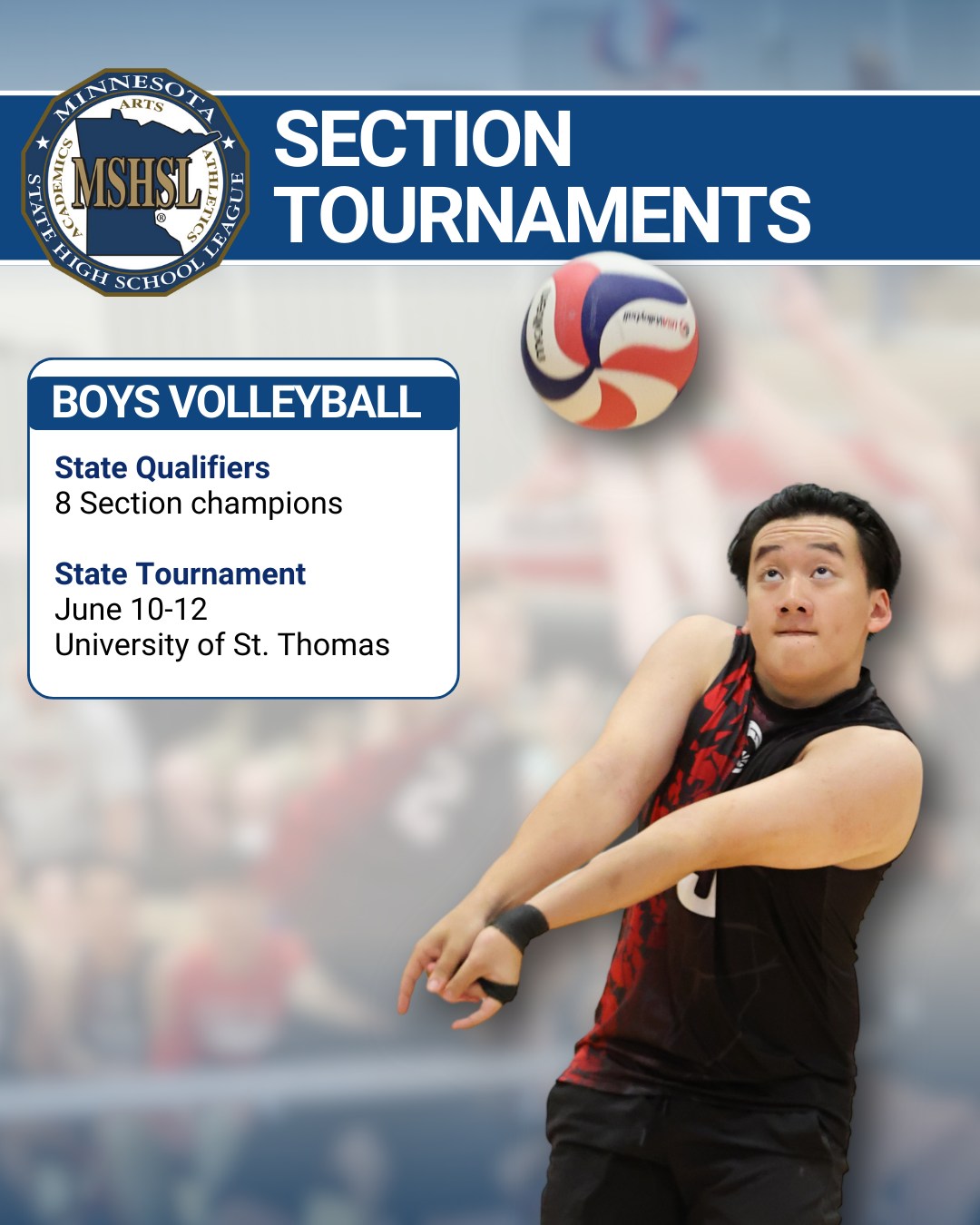 It's Boys Volleyball Section Tournament time!

🏆 Brackets: mshsl.org/brackets

🏐 More info: mshsl.org/boysvolleyball