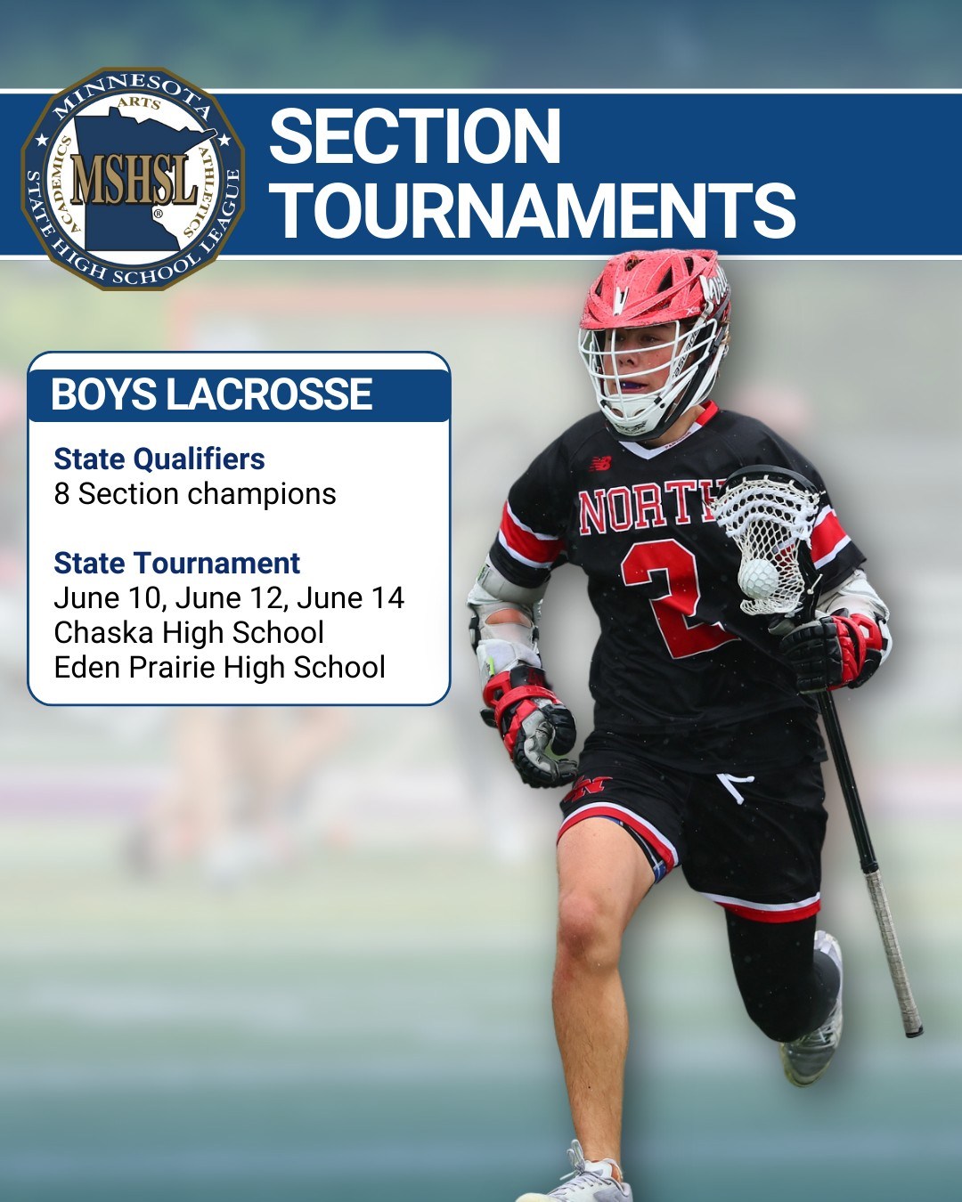 Lacrosse Section Tournament time is here!

🏆 Brackets: mshsl.org/brackets

🥍 Boys Lacrosse info: mshsl.org/boyslacrosse

🥍 Girls Lacrosse info: mshsl.org/girlslacrosse