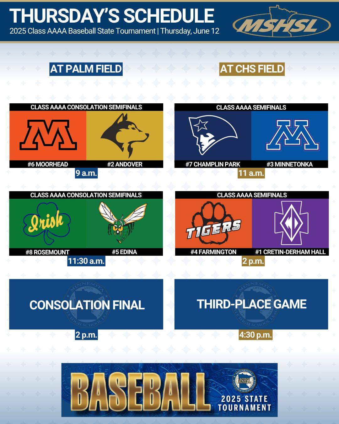 Thursday's Baseball State Tournament schedule includes eight semifinal games!

🎟️ Tickets: mshsl.org/tickets

📺 Streaming: nspn.tv/mshsl

⚾ More info: mshsl.org/baseball