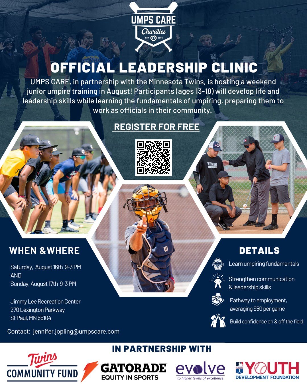 Love baseball or softball and want to learn how to become a youth umpire? This is your chance!

The Minnesota Twins are partnering with MLB umpires and UMPS CARE Charities to bring a FREE junior umpire training to Minnesota this weekend.

✅ Learn the basics of umpiring from experienced instructors
✅ Build confidence, communication, and decision-making skills
✅ Hear from a former MLB umpire
✅ Walk away with the tools to start working youth games

📍 Location: Jimmy Lee Recreation Center
📅 Dates: Saturday and Sunday, August 16–17
🕘 Time: 9 a.m.-3 p.m. both days (lunch included!)
💲 Cost: FREE

🔗 Link in bio to sign up