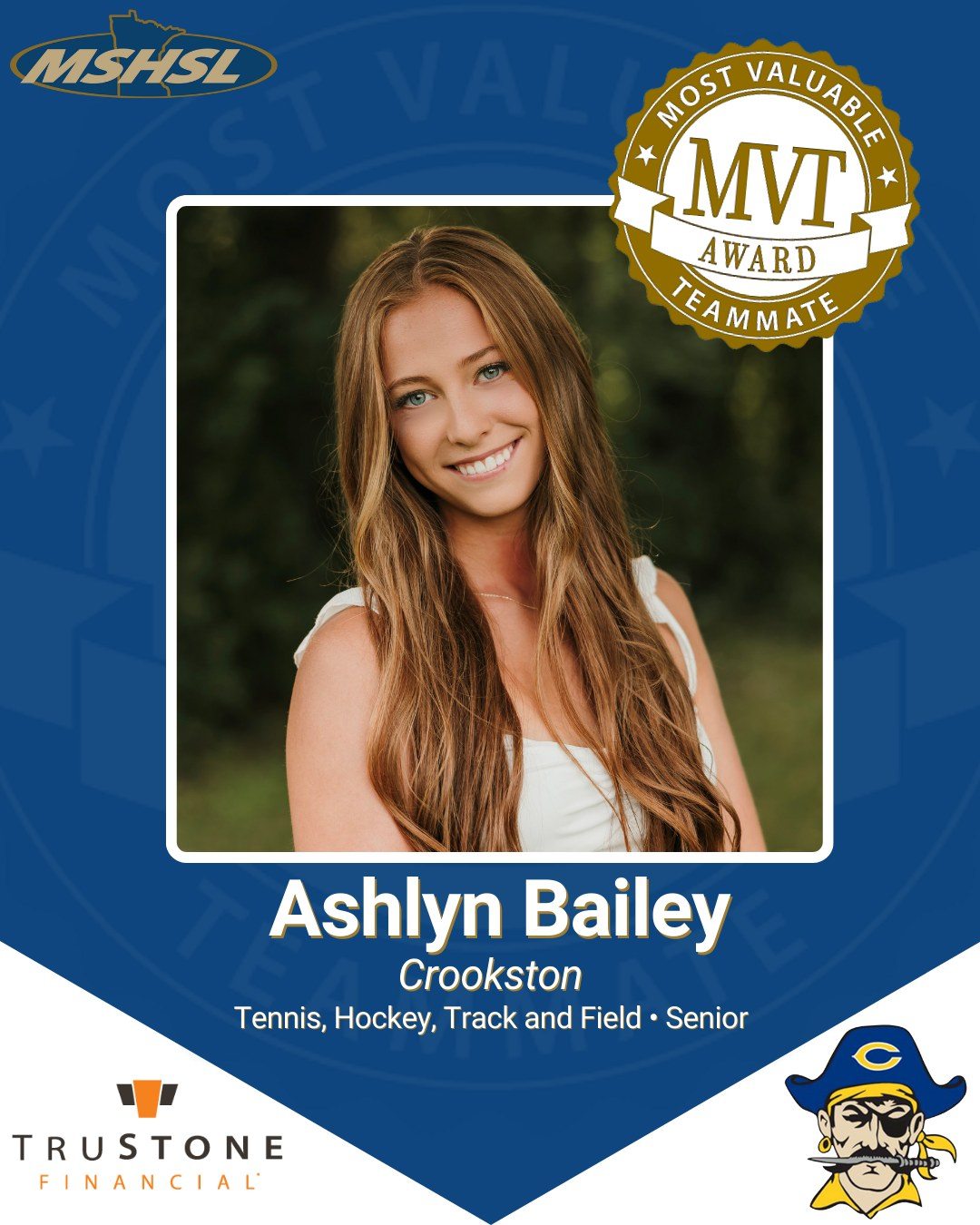 Crookston senior Ashlyn Bailey is this week's Most Valuable Teammate!

Ashlyn takes on the challenge of facing some of the best players in the state at No. 1 singles without hesitation. Her answer is always "I want to do what is best for the team."

As a co-captain, Ashlyn mentors younger players and helps organize team activities. She shows up early every day with a positive attitude and gives 100% every minute she is on the court. She also sets an academic example by maintaining a high GPA and taking several college courses.

MVT is sponsored by @trustonefcu
