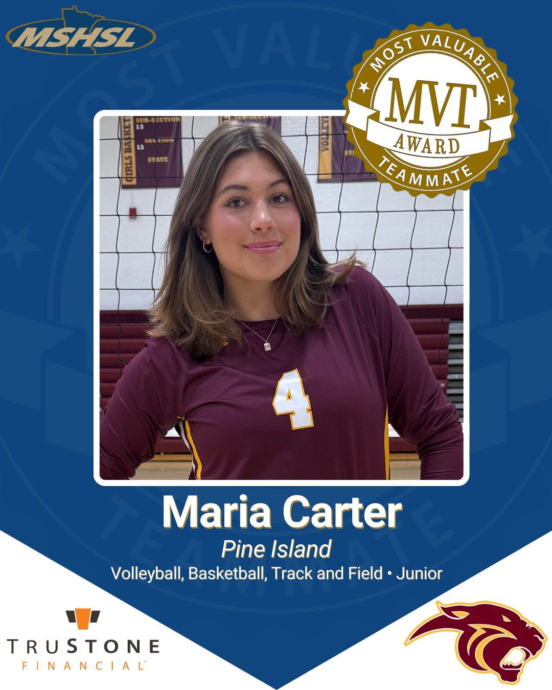 Pine Island junior Maria Carter is this week's Most Valuable Teammate! Maria’s positivity and energy are contagious. Her encouragement of others, whether celebrating their successes or lifting them up after setbacks, shows her genuine care for her teammates. Maria doesn’t seek the spotlight; instead, she consistently puts the team first, making her a role model both on and off the court.

MVT is sponsored by @trustonefcu