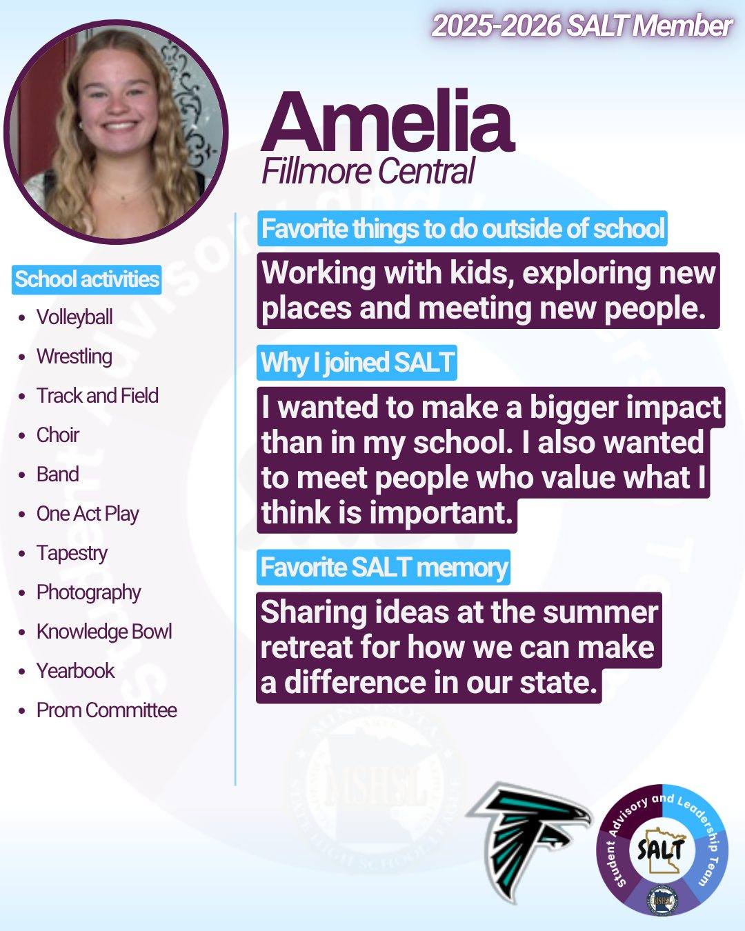 Get to know SALT member Amelia, a junior from Fillmore Central who wants to make a difference in Minnesota!