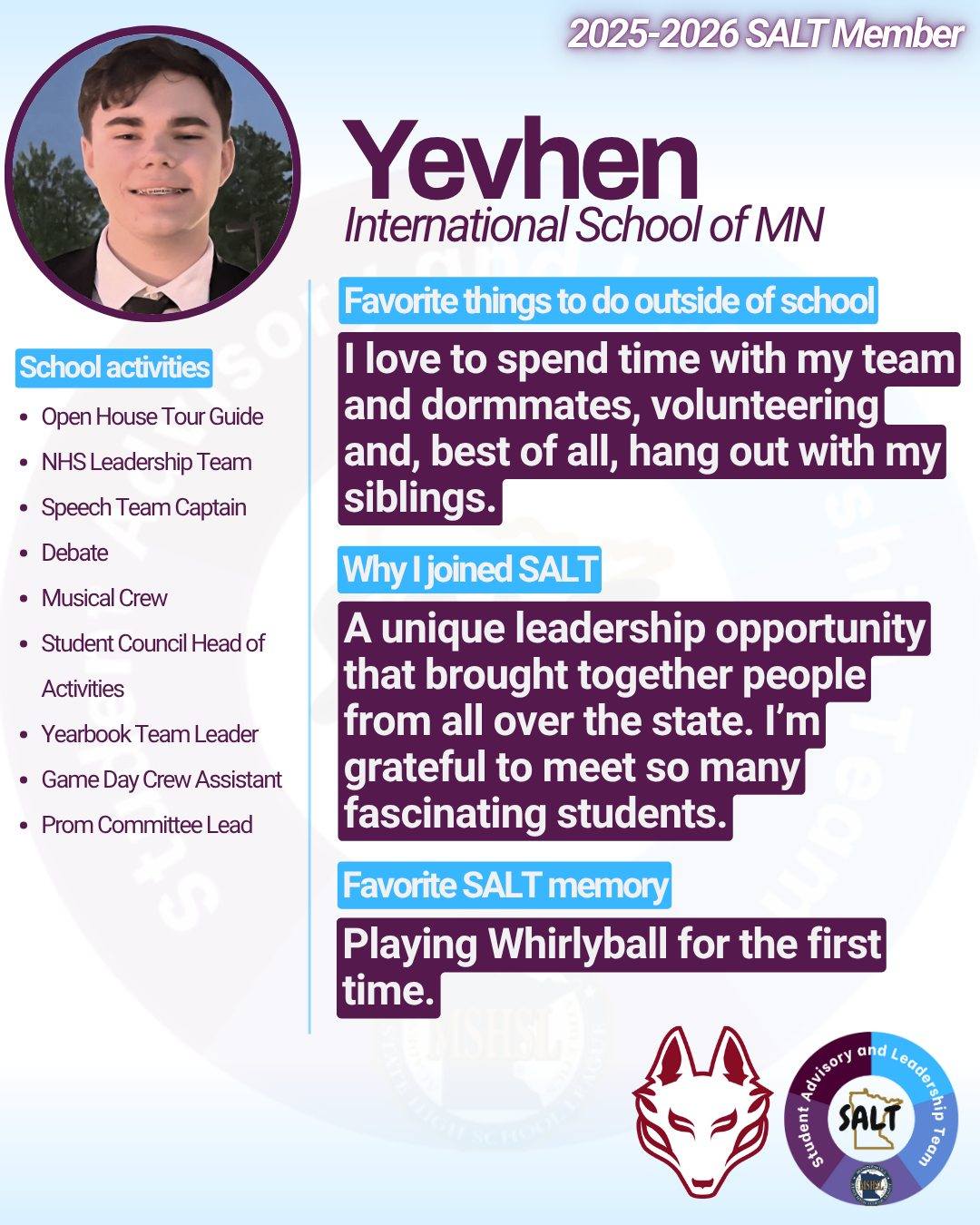 Meet SALT member Yevhen, an @internationalschoolofminnesota junior who enjoys gaining new perspectives!