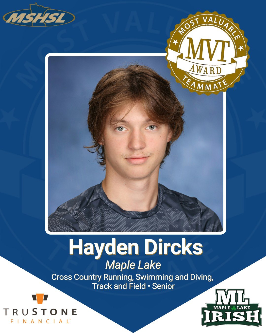 Maple Lake senior Hayden Dircks is this week's Most Valuable Teammate! Despite undergoing meniscus surgery early this season, Hayden has attended every practice and meet and encourages every member of the team, no matter their ability. 

He is slowly transitioning to training and attempting to return to competition. In the meantime, he has been almost like another coach with his positivity and encouragement.

MVT is sponsored by @trustonefcu
