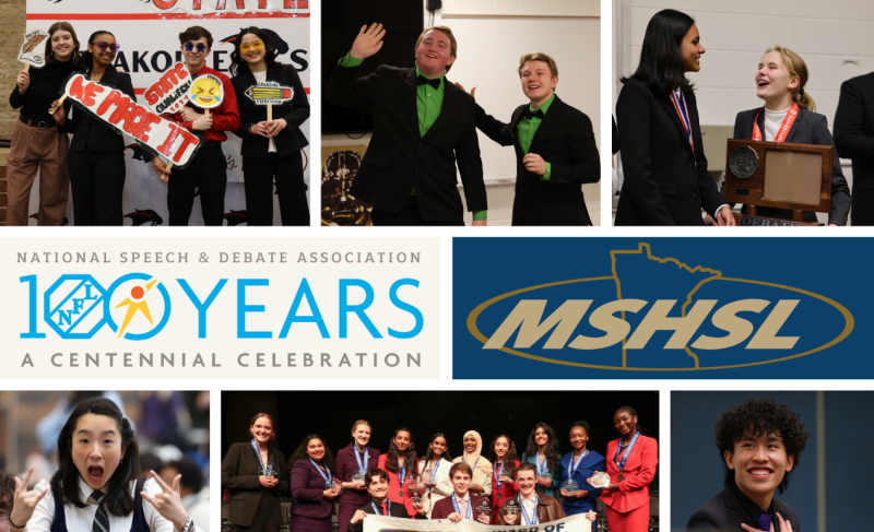 Photos of Minnesota students competing in the Debate and Speech state tournaments. National Speech & Debate Association 100 Years logo.