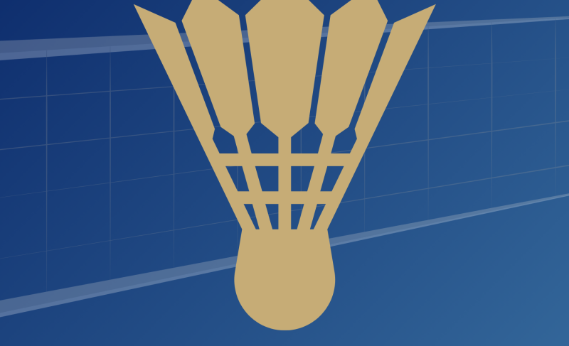 Gold shuttlecock over a blue background featuring a white badminton net