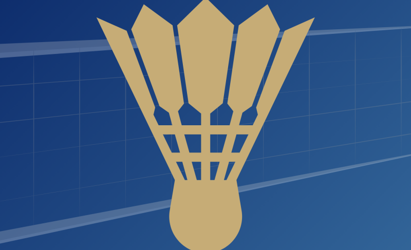 Gold shuttlecock over a blue background featuring a white badminton net