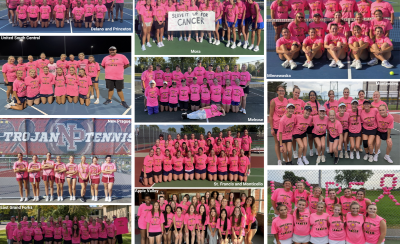 A collage of Girls Tennis teams wearing pink Serve It Up For Cancer shirts