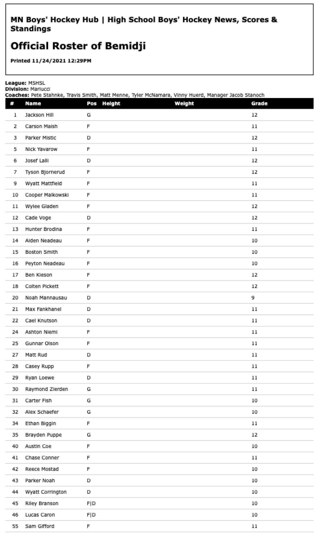 Bemidji Boys Hockey Roster