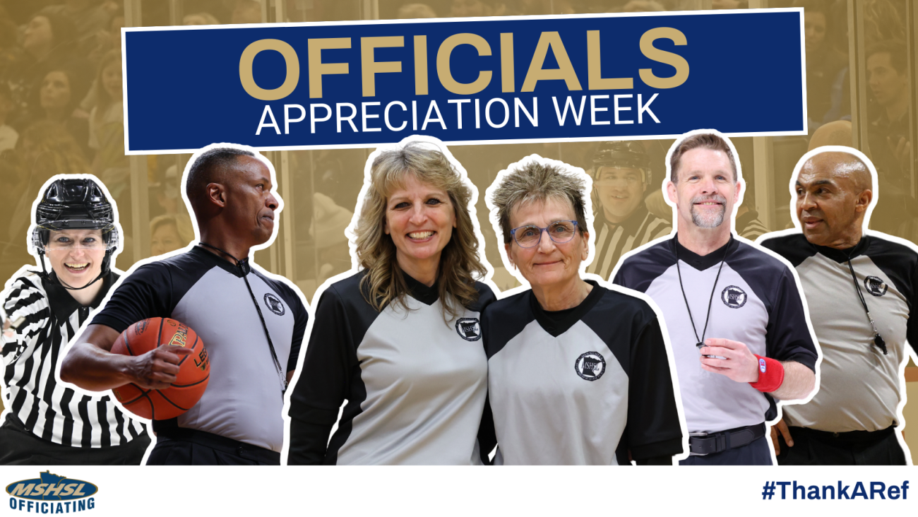 Officials Appreciation Week banner with photos of six MSHSL sports officials.