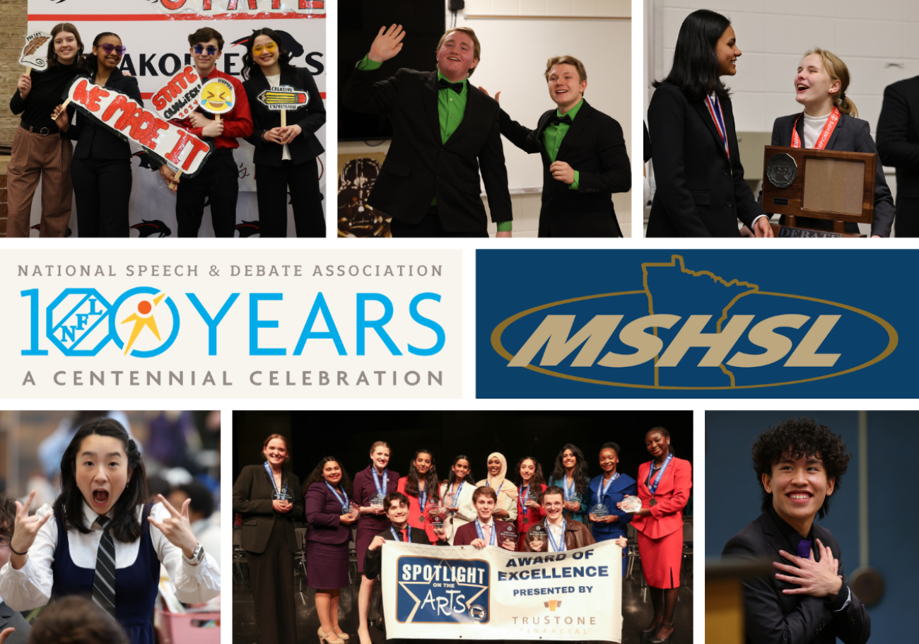 Photos of Minnesota students competing in the Debate and Speech state tournaments. National Speech & Debate Association 100 Years logo.