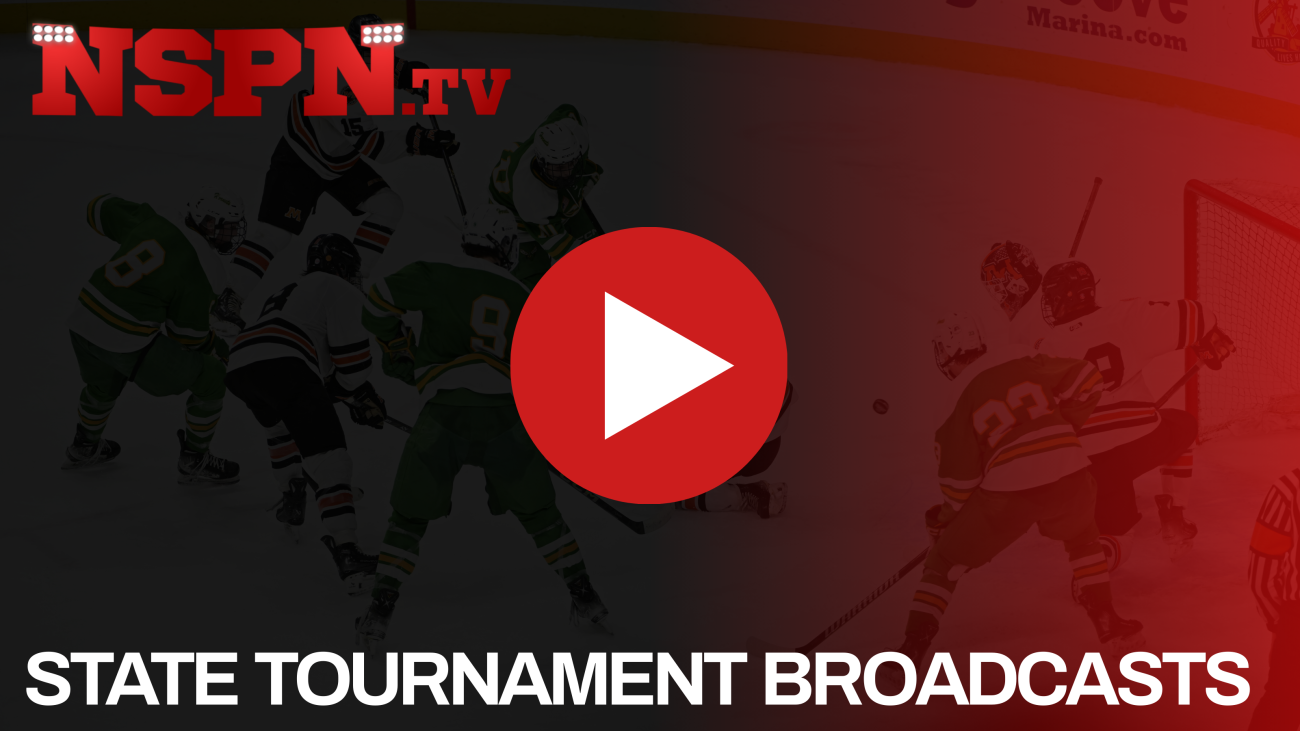 NSPN.TV State Tournament Broadcasts. Play icon on a black and red background with a photo of Boys Hockey State Tournament action.