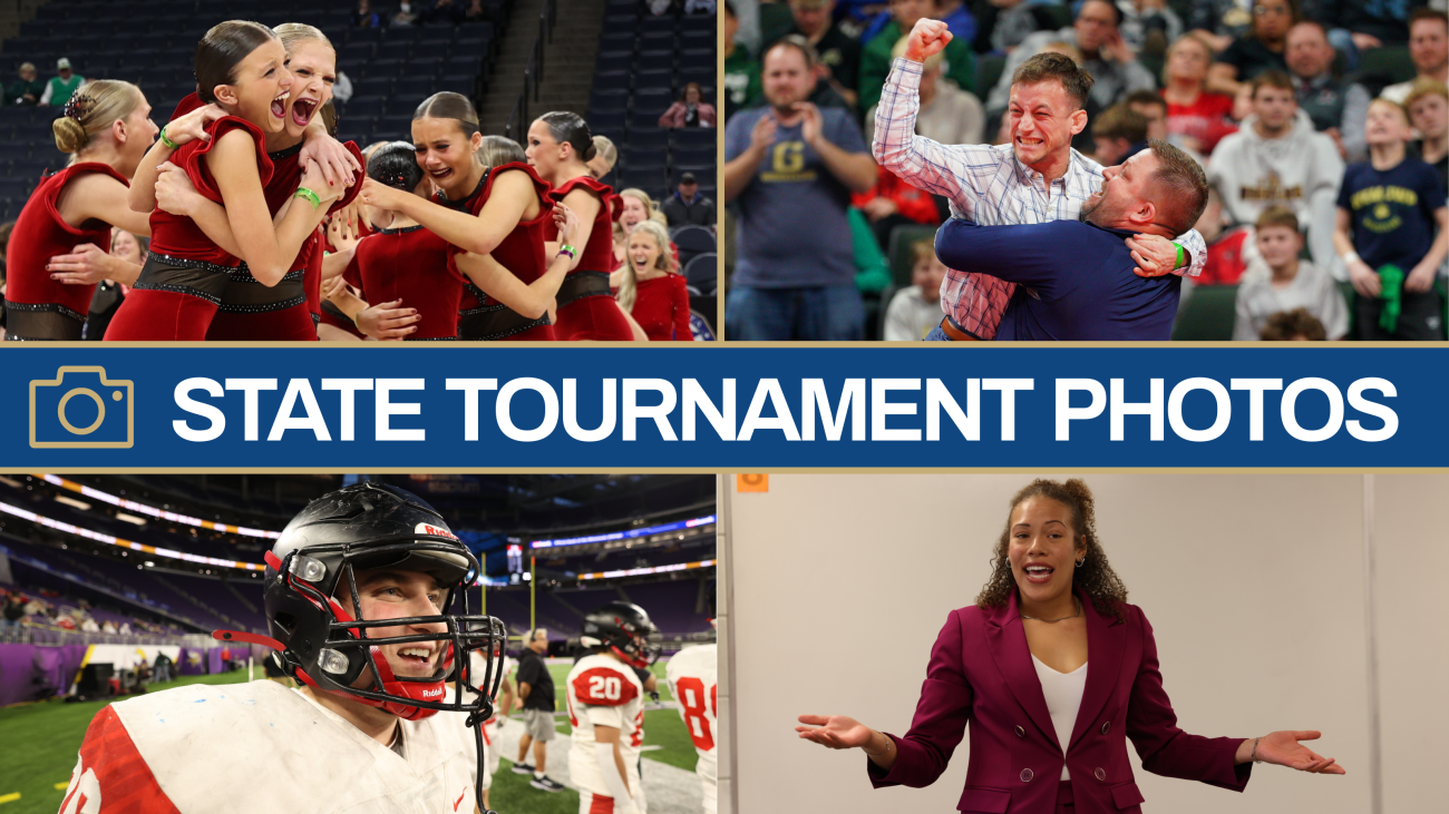 State Tournament photos. Images of a dance team celebrating, wrestling coaches celebrating, a football player smiling and a speech student performing.