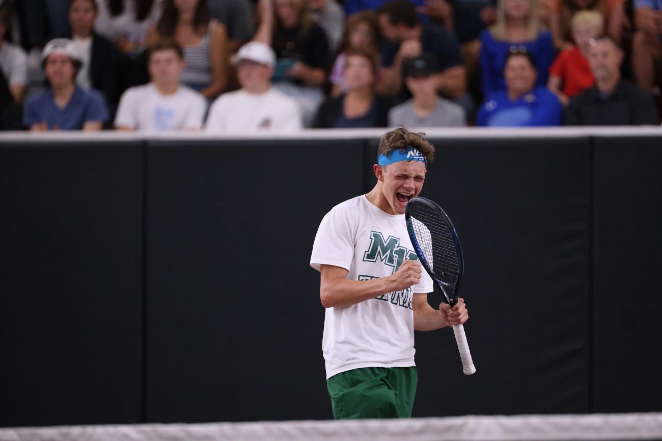 Mounds View's Soren Swenson celebrates a point during his 2025 Class AA Boys Tennis State Tournament singles championship match.