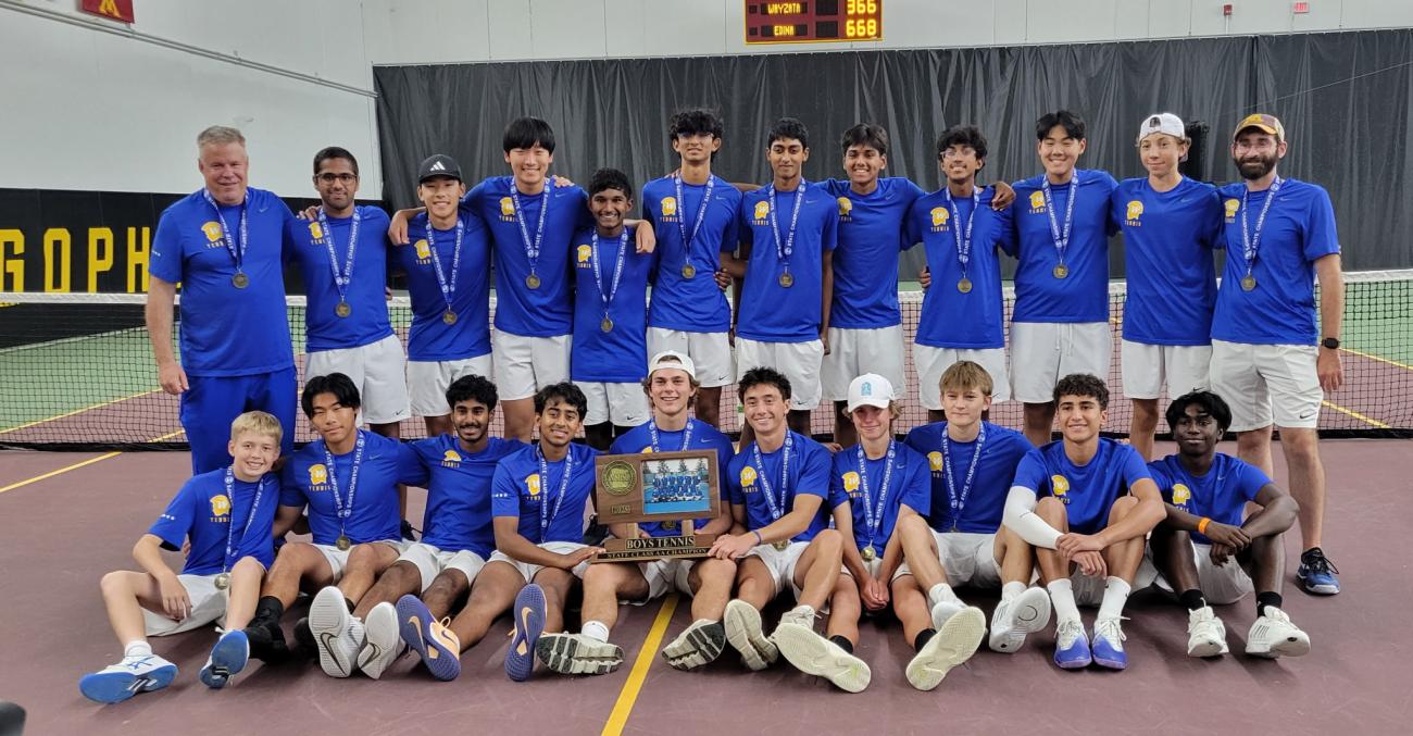 Wayzata Boys Tennis team poses with Class AA state championship trophy