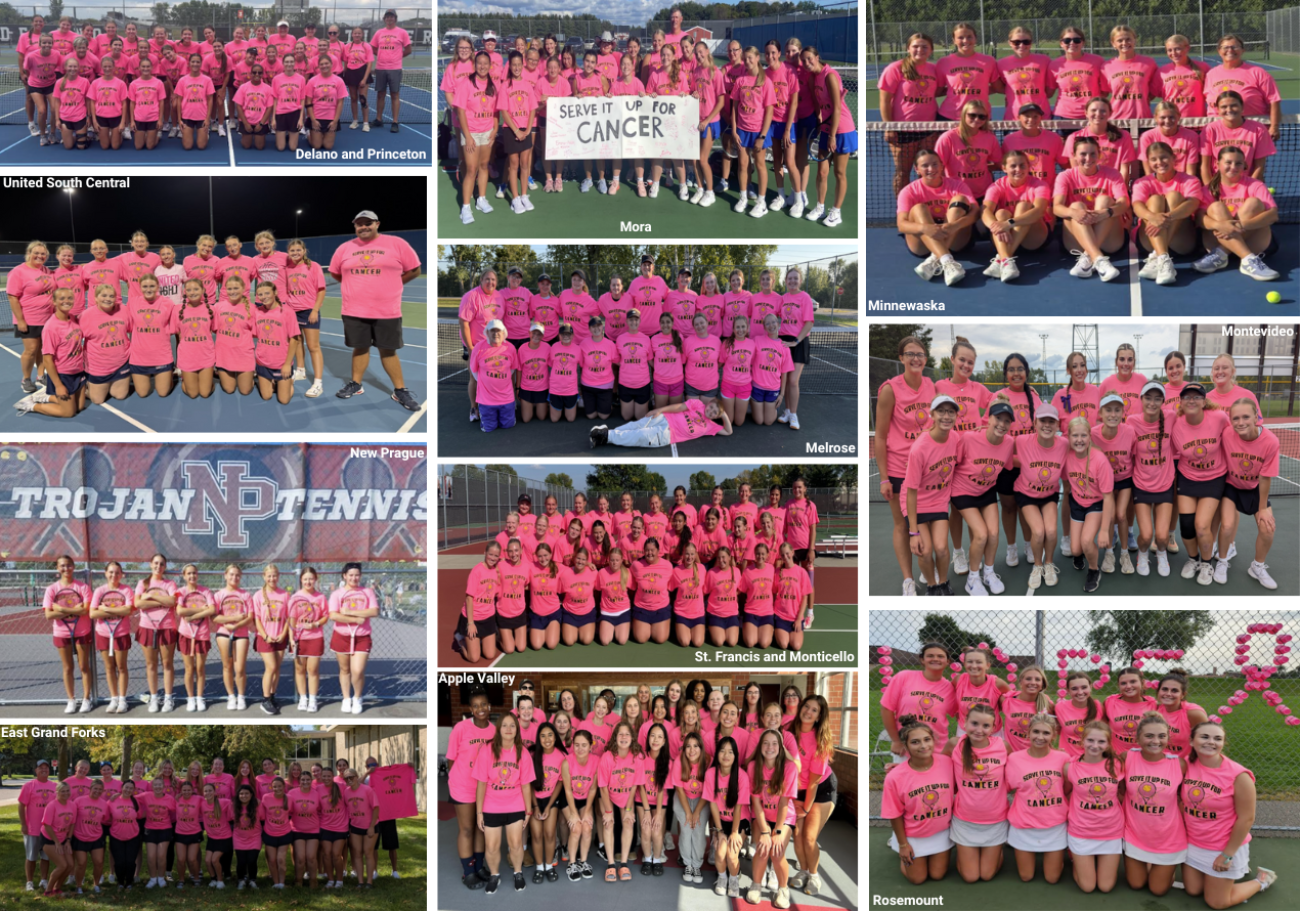 A collage of Girls Tennis teams wearing pink Serve It Up For Cancer shirts