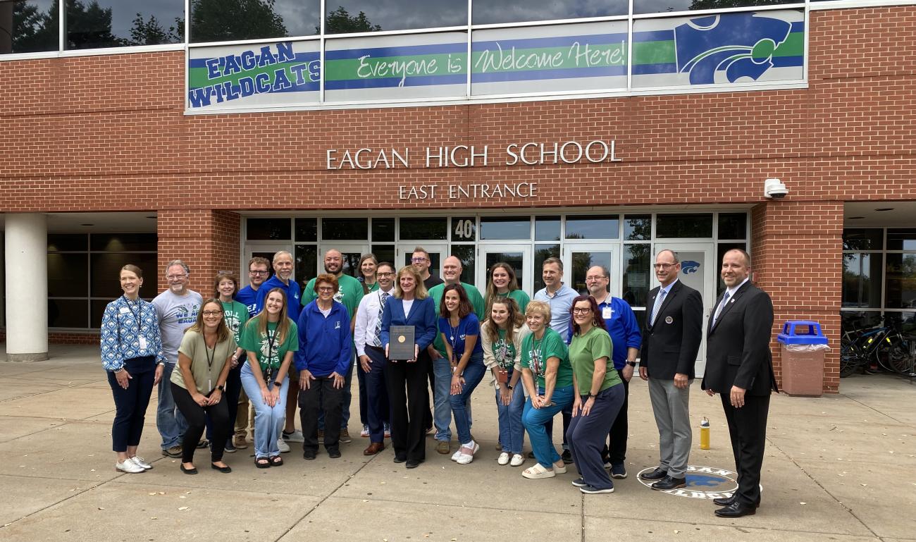 Eagan High School, MSHSL and NFHS staff with the Performing Arts School of Excellence award