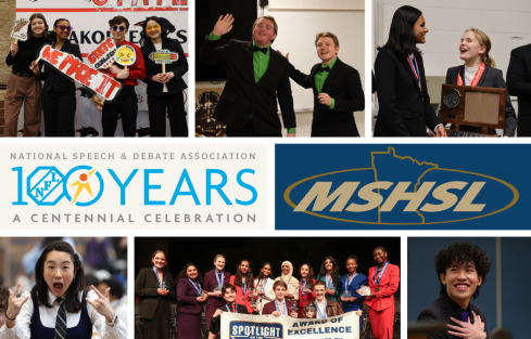 Photos of Minnesota students competing in the Debate and Speech state tournaments. National Speech & Debate Association 100 Years logo.
