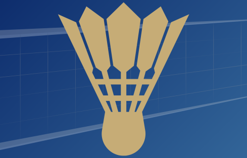Gold shuttlecock over a blue background featuring a white badminton net
