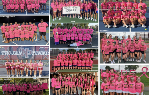 A collage of Girls Tennis teams wearing pink Serve It Up For Cancer shirts
