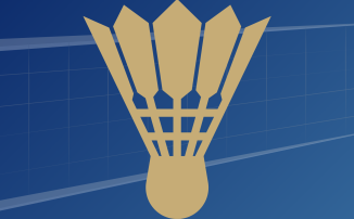 Gold shuttlecock over a blue background featuring a white badminton net
