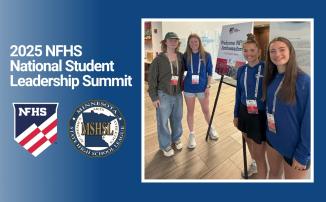 2025 NFHS National Student Leadership Summit. Photo of four MSHSL SALT members at the conference. NFHS and MSHSL logos on a blue background.
