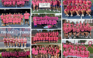A collage of Girls Tennis teams wearing pink Serve It Up For Cancer shirts
