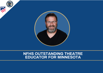 Photo of Forrest Musselman with MSHSL and NFHS logos and text "NFHS OUTSTANDING THEATRE EDUCATOR FOR MINNESOTA" on a blue background
