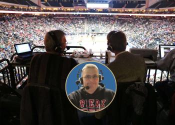 Photo of Rick Grammond overlayed on a wide shot of him broadcasting a game.