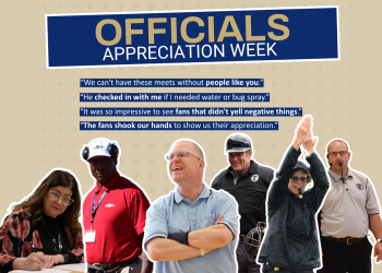 Photos of Speech judge, Track and Field official, Adapted Floor Hockey official, Baseball Umpire, Lacrosse Referee and Volleyball Referee. "Officials Appreciation Week. 'We can't have these meets without people like you.' 'He checked in with me if I needed water or bug spray.' 'It was so impressive to see fans that didn't yell negative things.' 'The fans shook our hands to show us their appreciation.'