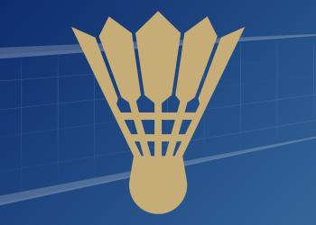 Gold shuttlecock over a blue background featuring a white badminton net