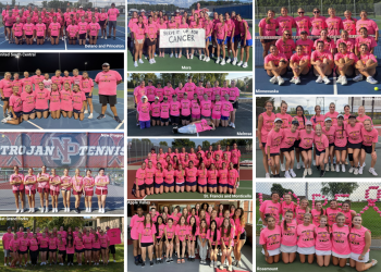 A collage of Girls Tennis teams wearing pink Serve It Up For Cancer shirts